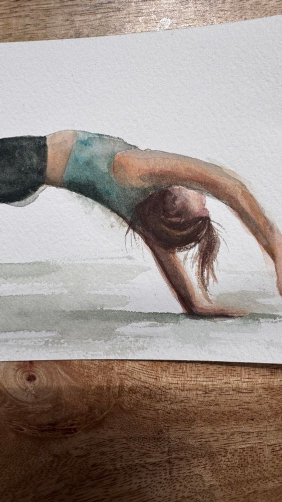 Gouache self portrait of woman doing “wild thing” yoga pose, a backbend similar to wheel pose but where one arm is outstretch long in front of the body. Closeup on the arch of the back.