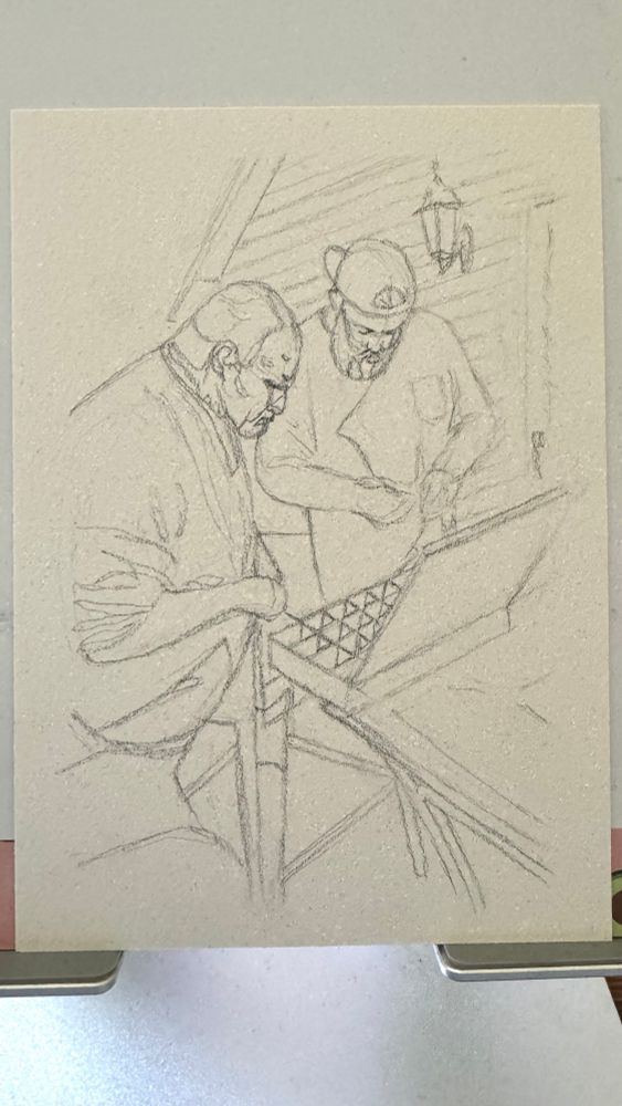 Sketch of father and son (my partner and father “in law”) inspecting a tool box 