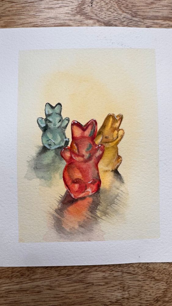 Gouache painting of a trio of gummy bears in triangle formation.