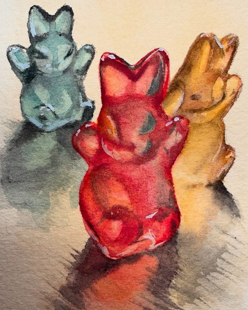 Gouache painting of a trio of gummy bears in triangle formation.
