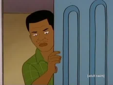 Bernie Mac's character from King of the Hill (appropriately named Mack) cautiously opening the door for Hank and his possibly racist dog, Ladybird. 