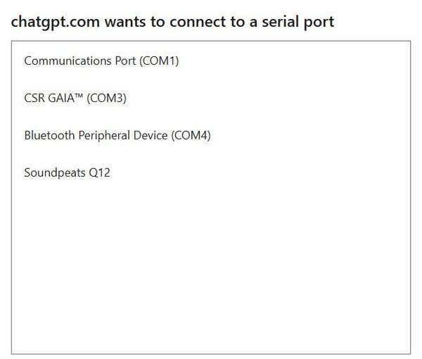 a screengrab of a dialog from chatGPT saying "chatgpt.com wants to connect to a serial port" and a listing of different serial port devices on the computer.