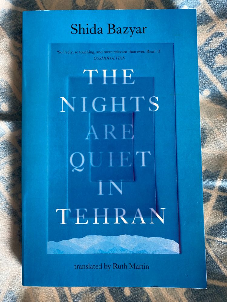 Blue cover of 'The Nights Are Quiet in Tehran' by Shida Bazyar, translated by Ruth Martin