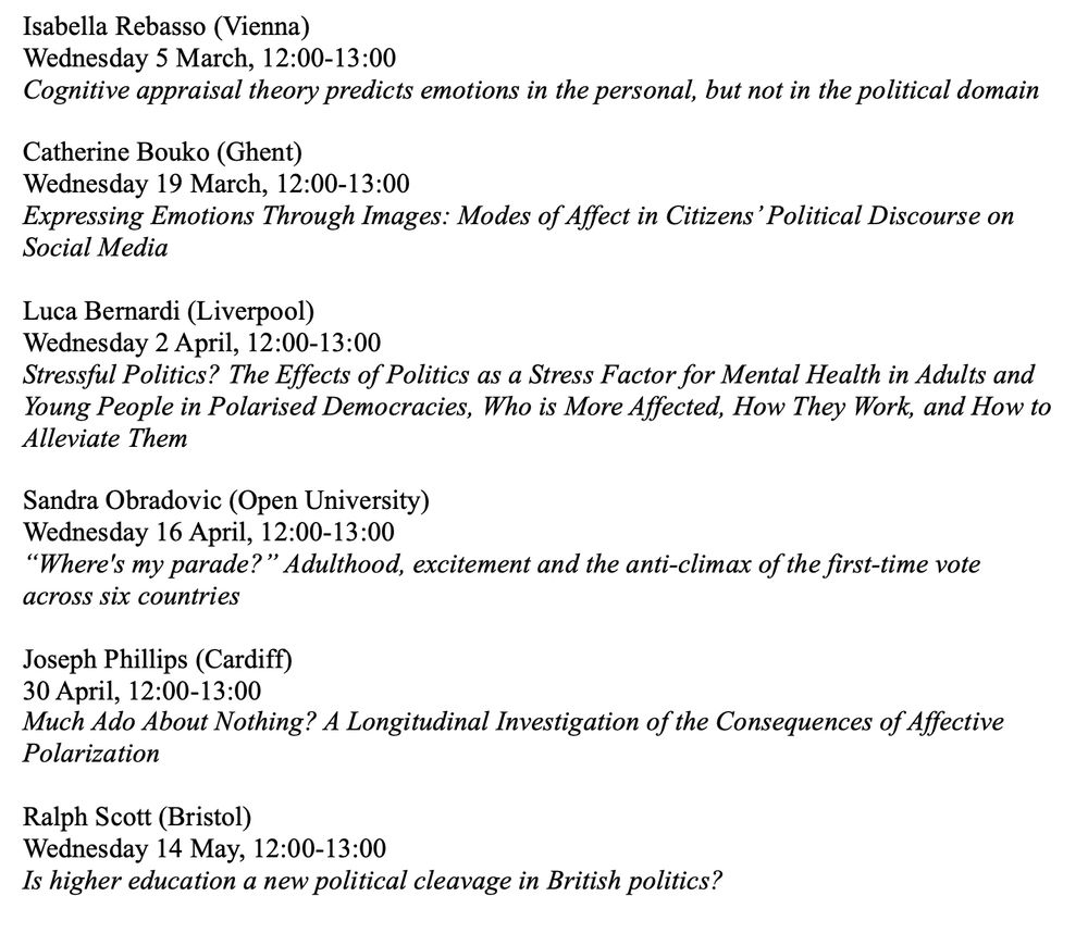 List of speakers in the PSA Political Psychology online seminar series.