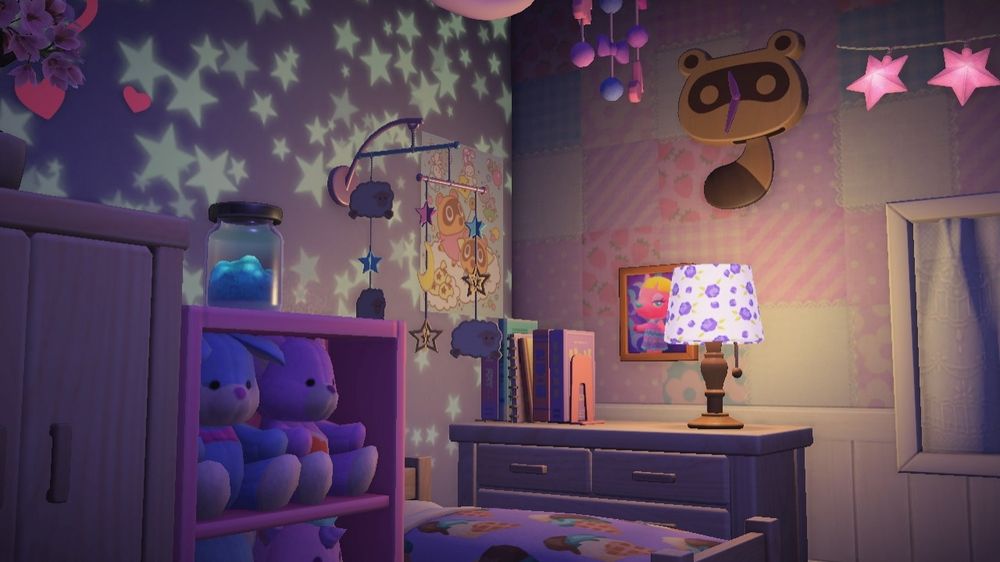A screenshot from Animal Crossing New Horizons showing a cozy corner of a dimly lit room with a bed, nightstand and a shelf with plushies. There is also a funny Tanuki clock. Its tail is the pendulum!
