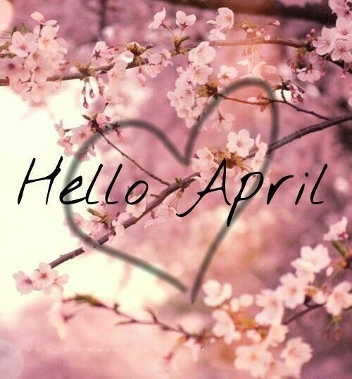 Background of cherry blossoms with a heart and the words Hello April