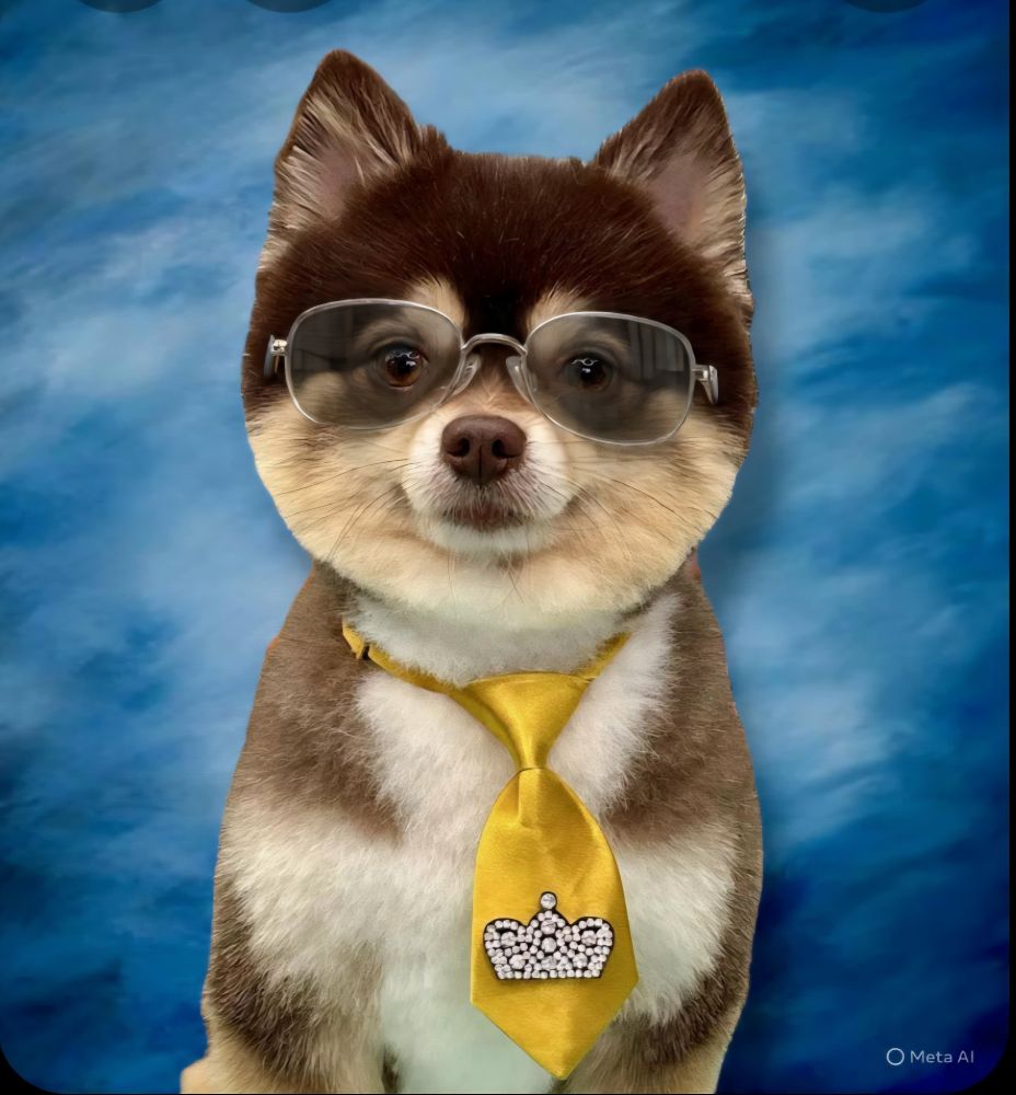 A chocolate, tan and white Pomeranian wearing Joe Cool glasses and a yellow tie