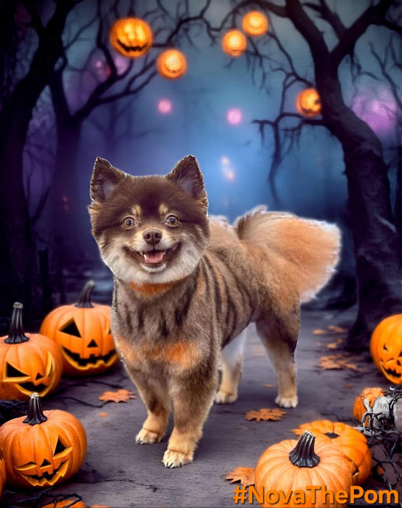 A tiger striped Chocolate Pomeranian (groomer added tiger black stripes) standing in a AI generated Halloween background 