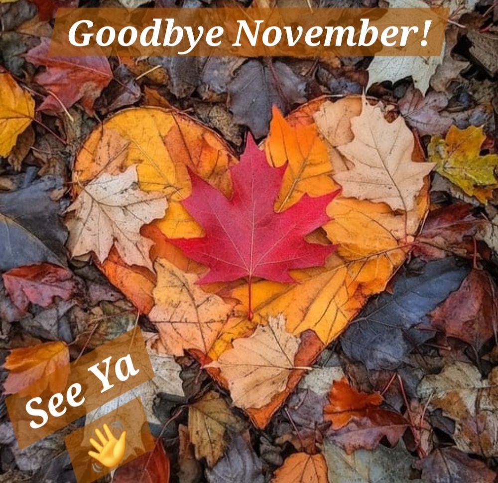 Fall leaves over a heart shape with the words, "Goodbye November" and "See Ya"