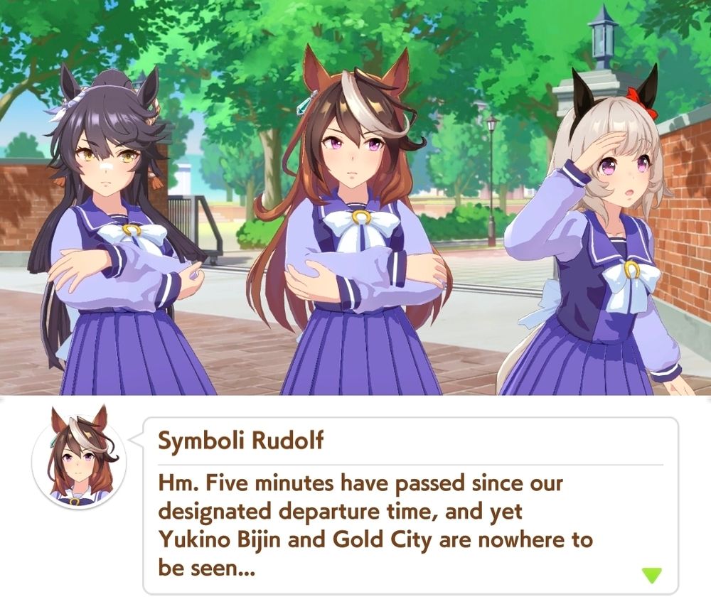 Symboli Rudolf:
"Hm. Five minutes have passed since our designated departure time, and yet Yukino Bijin and Gold City are nowhere to be seen..."