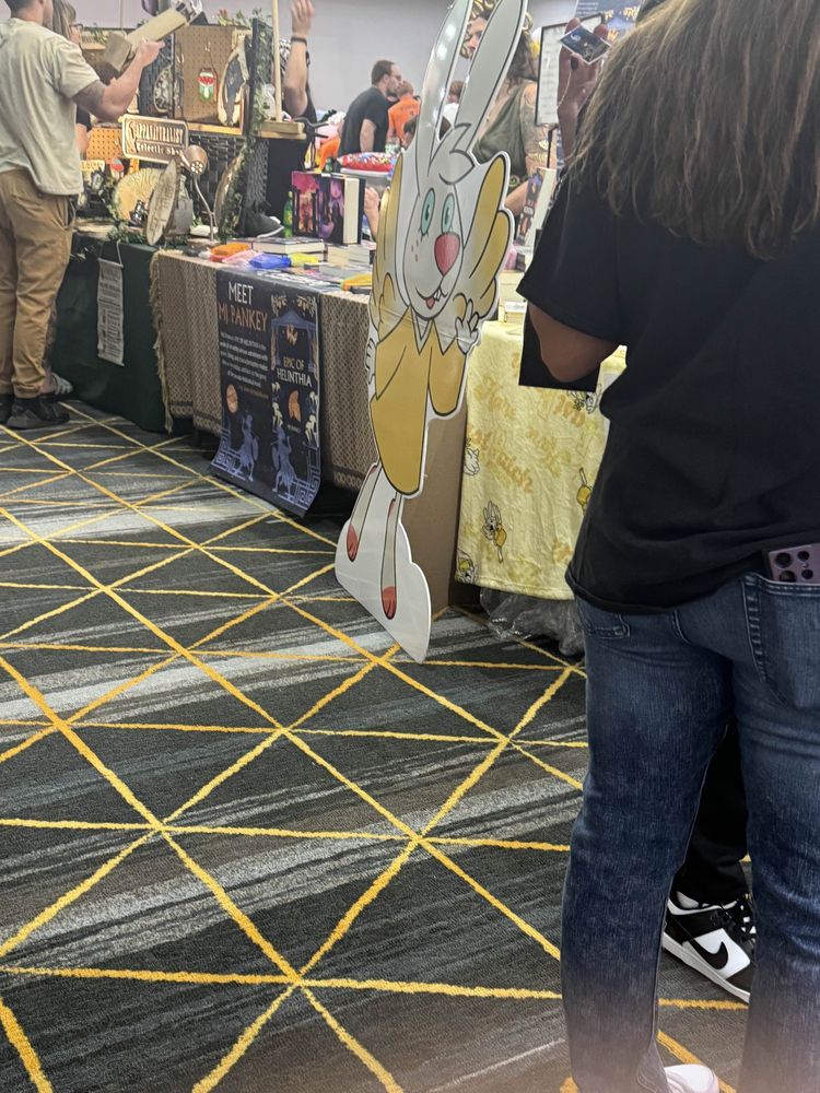 Carboard cutout of Angel Gabby at the Angel Hare booth