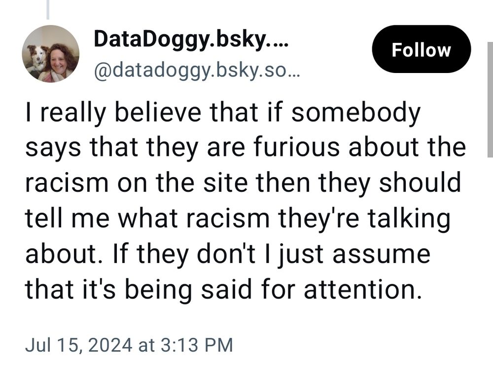 Poster saying, "I really believe that if somebody says that they are furious about the racism on the site then they should tell me what racism they're talking about. If they don't I just assume that it's being said for attention."