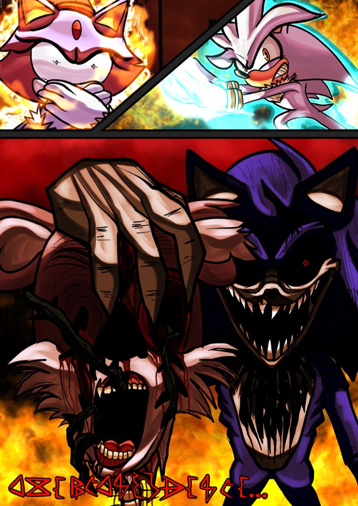 A colored comic page for Sonic: The Rise of The Black Sun showing Blaze and Silver in battle and EXE holding the head of Gardon, Blaze’s personal guard.
