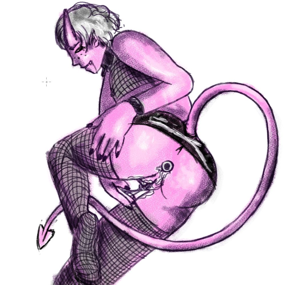 Digital art, pencil sketch with color pencil coloring (shades of pink and purple only).

A demon transmasc character viewed from behind, spreding buttcheeks to reveal dripping pussy and a buttplug. He is pink with horns and a tail, wears fishnet stockings and crop top, and a leather mini skirt, as well as a leather buckled collar. 
