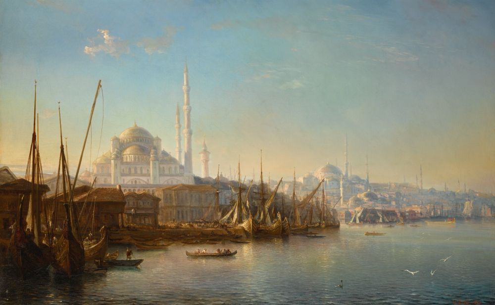 From Sotheby’s listing: “Often described as the world's greatest natural harbour, the Golden Horn is a flooded river valley which flows into the Bosphorus. According to legend, the Byzantines threw so many valuables into it during the Ottoman conquest that the waters glistened with gold. Gudin's panorama, looking upstream, takes in the majestic skyline of the Old City, including the New (Yeni) Mosque, and the Süleymaniye Mosque in the distance. The view predates the building of the Galata bridge, which today spans the Golden Horn from the foot of the New Mosque to Galata on the other shore (see lot 13).

Since its foundation under the name of Byzantion around 660 BC, Istanbul developed to become one of the most significant commercial and cultural centres in history. After its re-establishment as Constantinople in 330 AD, it served as an imperial capital for almost sixteen centuries. Lying on the historic Silk Road, and with its proximity to both Europe and the Middle East and commanding position on the only sea route between the Mediterranean and the Black Sea, Istanbul was instrumental in the advancement of global commerce as early as Roman and Byzantine times.”