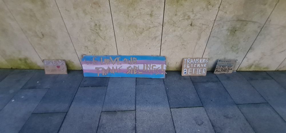 The signs behind them reading (left to right) 
"Threads of solidarity" "We Love Our Trans Siblings" "trans kids deserve better" "trans kids deserve better, we are not pawns for you politics"