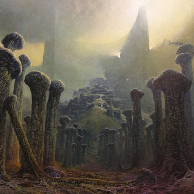 We see depicted a surreal, otherworldly landscape dominated by tall, organic, mushroom-like structures with textured surfaces. These structures rise from a barren, reddish-grey ground, extending towards a hazy, light-filled sky. In the background, a steep, rocky path or staircase ascends into the mist, flanked by towering, indistinct forms. The scene evokes a sense of desolation and mystery, with its eerie, dreamlike atmosphere and the alien nature of the environment.