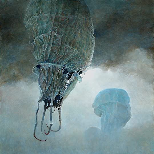 The painting by Beksiński depicts a surreal, otherworldly scene featuring two large, floating, jellyfish-like creatures. The creatures have a translucent, textured appearance with tendrils hanging down. The background is a misty, ethereal landscape with a mix of dark and light tones, creating a mysterious and eerie atmosphere. The larger creature in the foreground has intricate details, claws grasp at the air beneath, while the one in the background is more obscured by the mist. The painting evokes a sense of alien beauty and otherworldliness.