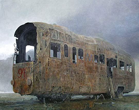 We are looing at a rusted, dilapidated train car standing in a desolate, foggy landscape. The train car is heavily corroded, with visible holes and missing parts, suggesting long-term abandonment. The windows are broken, and the structure appears fragile and decayed. The background is a misty, greyish sky, adding to the eerie and sombre atmosphere. The train car has some graffiti-like markings, including a red "94" and a blue "M," which stand out against the rusted surface. The overall scene evokes a sense of decay and desolation, characteristic of Beksinski's dystopian and surreal style.