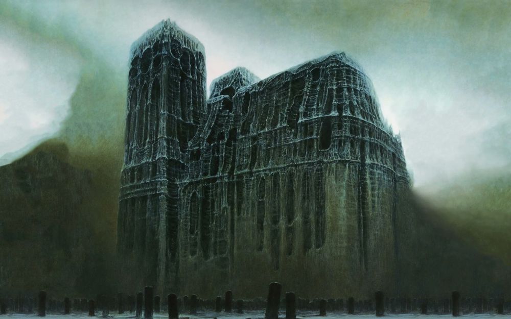 A large, dark, and ominous structure resembling a cathedral or large church. The building is characterized by its gothic-like architecture, with tall, narrow windows and intricate, almost skeletal detailing. The atmosphere is eerie and foreboding, with a murky, greenish sky and a desolate landscape surrounding the structure. The ground infront is covered by many tombstones.  The painting evokes a sense of decay and abandonment, with the building appearing ancient and weathered, adding to its haunting and mysterious quality.