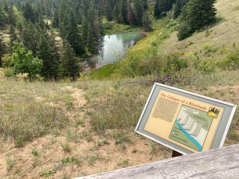 Hiking Trail lookout point with a sign detailing information about the riverbank below