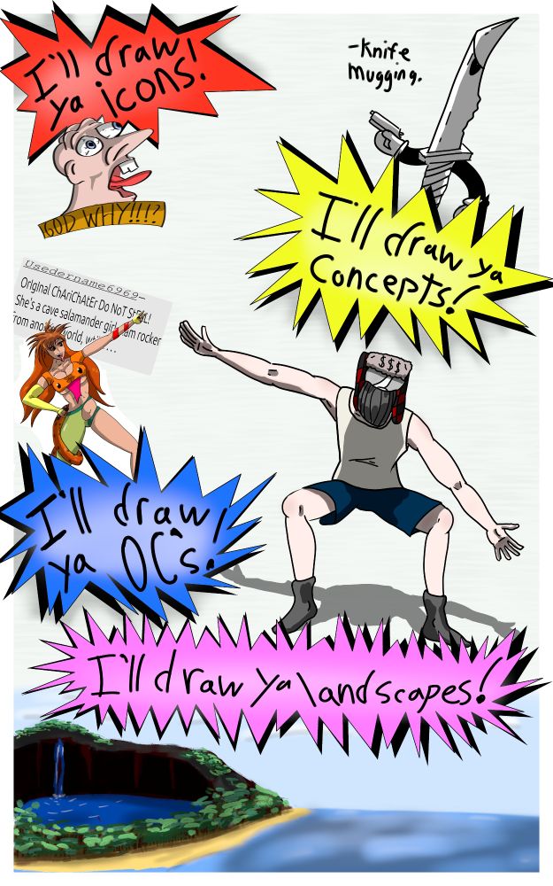 a comic-esque advert page with blip ads reading "I'll draw ya icons!, I'll draw ya concepts!, I'll draw ya OC's!, I'll draw ya landscapes!" 