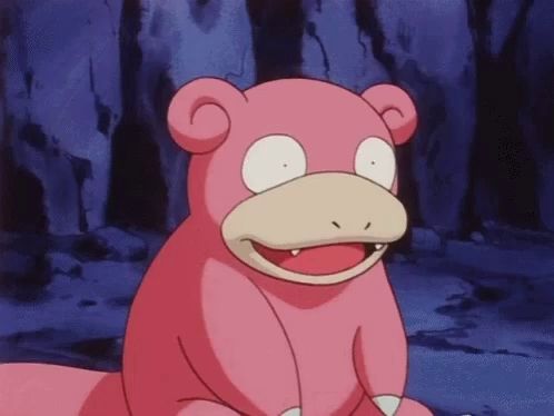 a pink cartoon character is sitting on the ground with its mouth open and making a funny face .