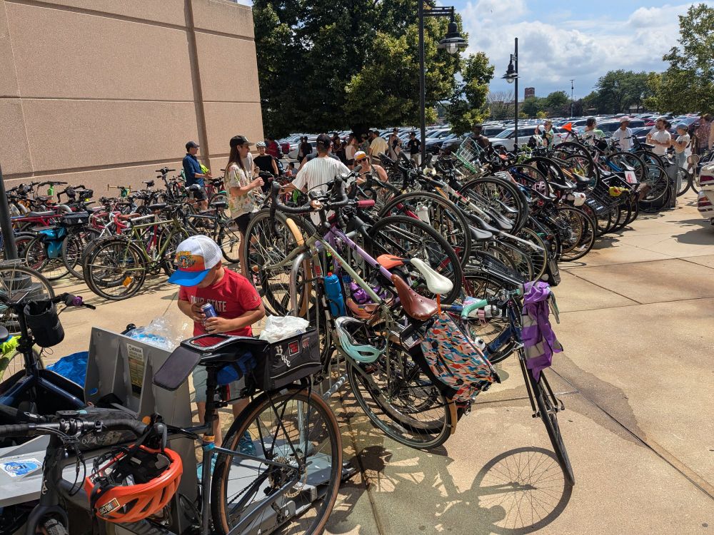 A lot of bikes on the racks at the Sox game