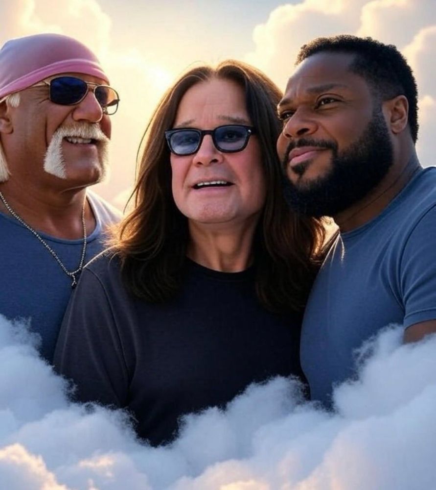 An AI generated picture of Ozzy Osbourne, Malcolm Jamal Warner, and unfortunately Hulk Hogan in heaven. Ozzy and Malcolm are rightfully ignoring Terry.
