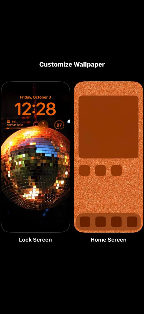 iPhone lock screen & Home Screen side by side. 
Lockscreen is a disco ball reflecting orange lights, with a black background. 
Home Screen is orange glitter. 