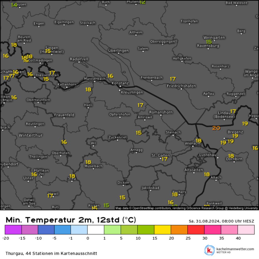 Min. Temperatur 2m, 12std, Messwerte Thurgau vom 31.08.2024, 08:00 Uhr