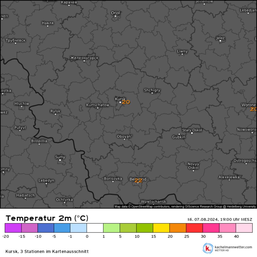 Temperatur 2m, Messwerte Kursk vom 07.08.2024, 19:00 Uhr