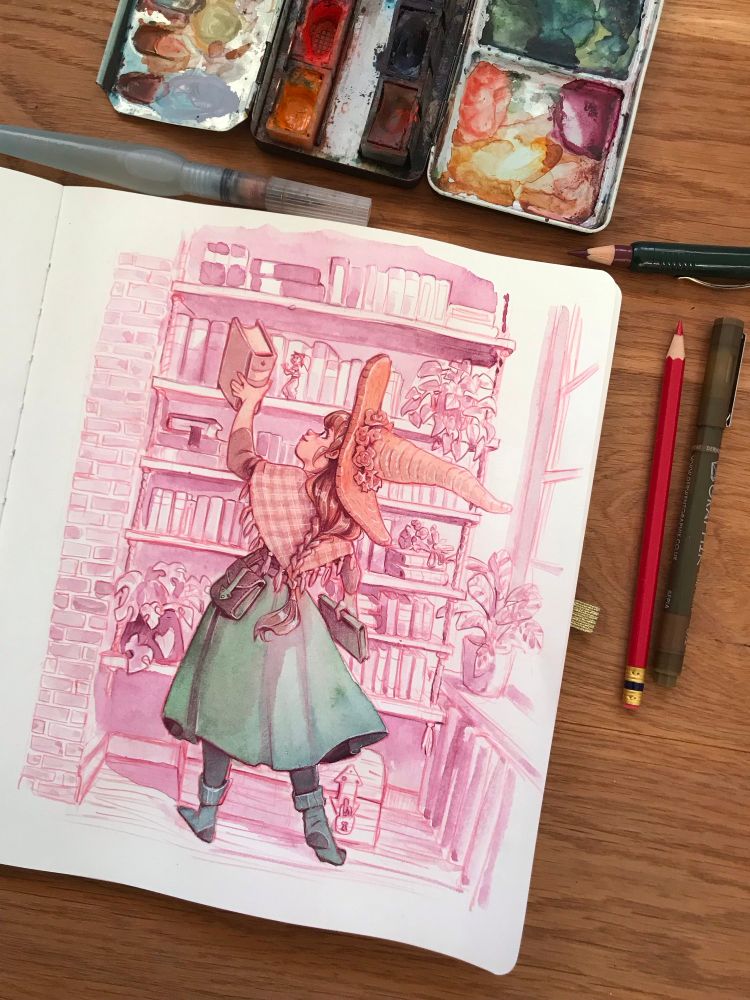 Witch taking a book from a book shelf
