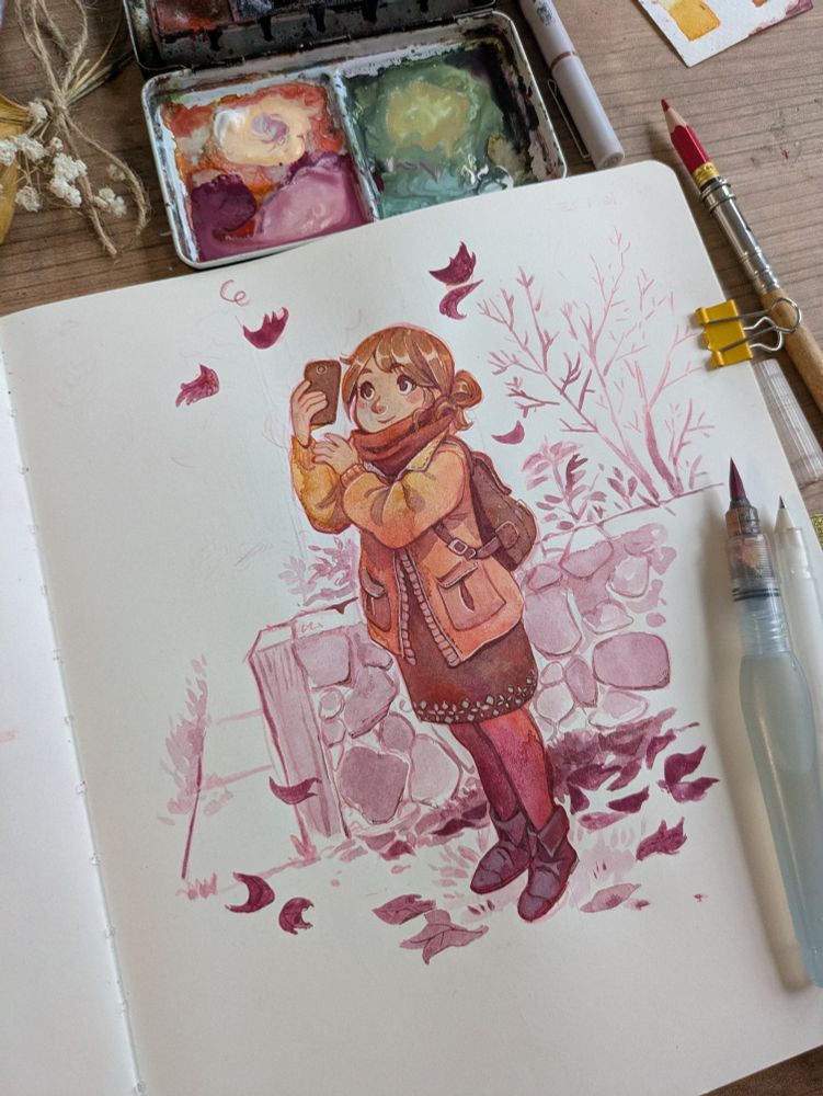 Watercolor painting of a girl taking a photo of a leaf