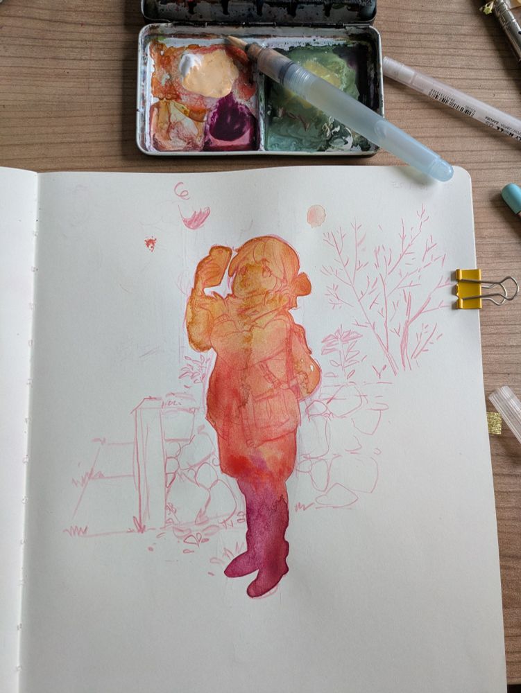 Watercolor gradient on sketch of a girl taking a photo of a leaf