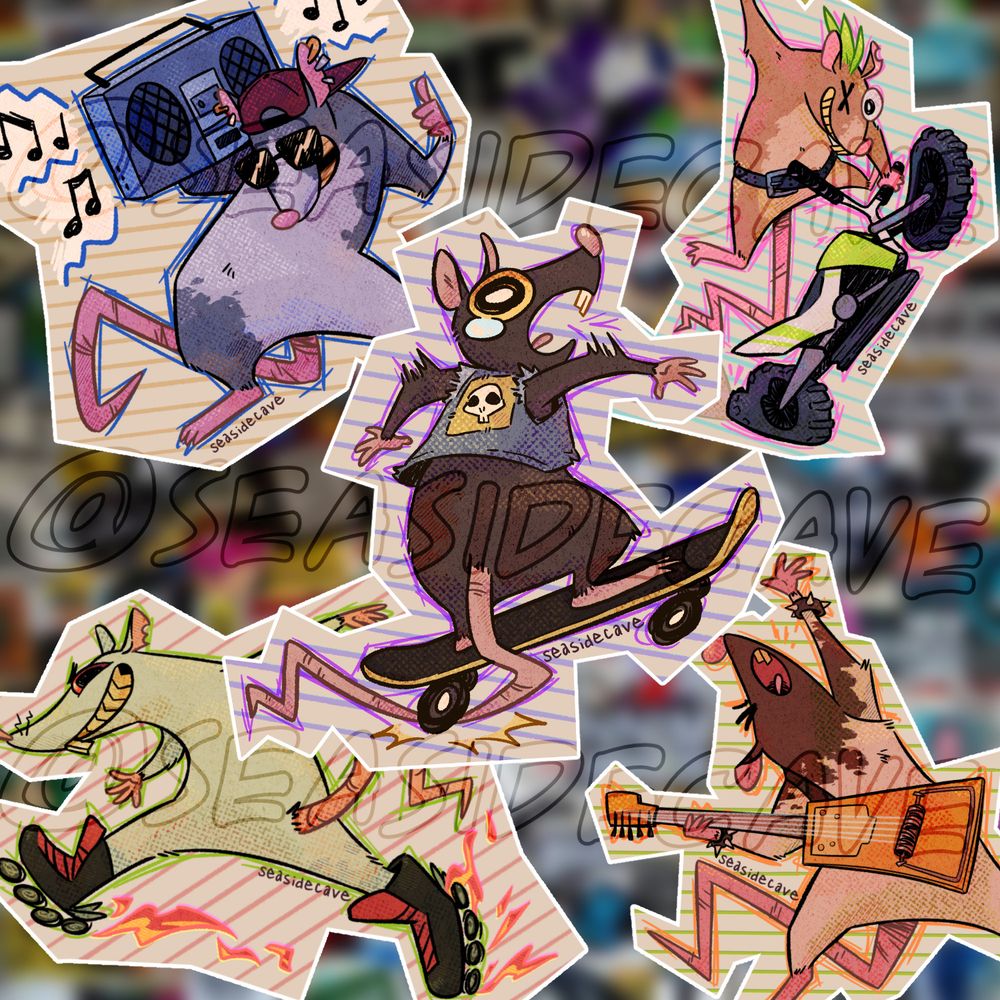 five illustrated stickers of radical rats. from top left: a rat holding a boombox and giving a thumbs up, a rat with a green mohawk doing a cool stunt on a motorcycle, a rat in a punk denim jacket running over his own tail on a skateboard and crying, a rat wearing flaming rollersktates, and a rat playing a mousetrap-like guitar