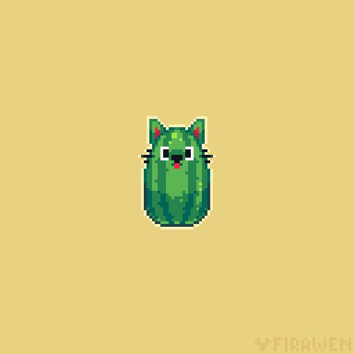 Pixel art of a watermelon that has a face, ears and whiskers of a cat.