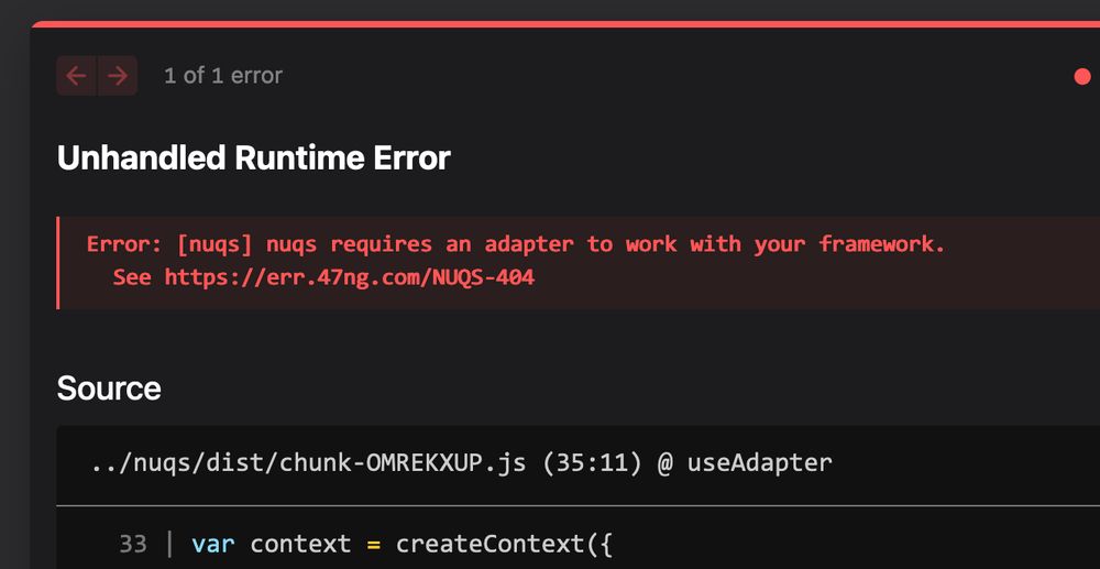 Screenshot of a Next.js error: "nuqs requires an adapter to work with your framework", and a link to the documentation to fix it.
