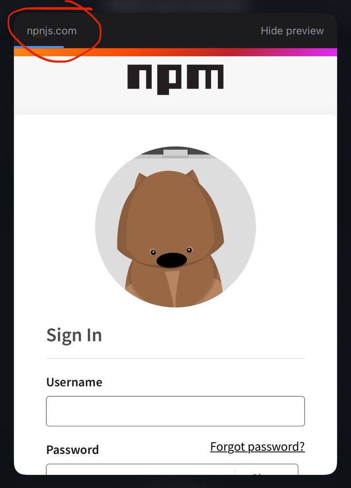 The link to login looks identical to the NPM login, but hosted on npnjs.com