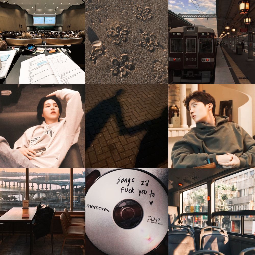 a graphic with 9 different photos with a central theme of LGBTQIA+ and drag queens laid in a 3x3 style. the picture as follows from left to right:

a photo of a classroom setting with students on each row and open book, notes, pens, and stationery items on the table. a photo of drawn five-petal flowers on sand. a photo of a tram along the road on early evening with lamps already lit on. a photo of Min Yoongi of BTS. a photo of a shadow of two people holding hands. a photo of Jung Hoseok of BTS. a photo of tables and chairs against a ceiling to floor window with the view of the city, bridges, river, and highways. a photo of a CD with words written "songs I'd fuck you to <3". a photo of a seats inside the bus. 