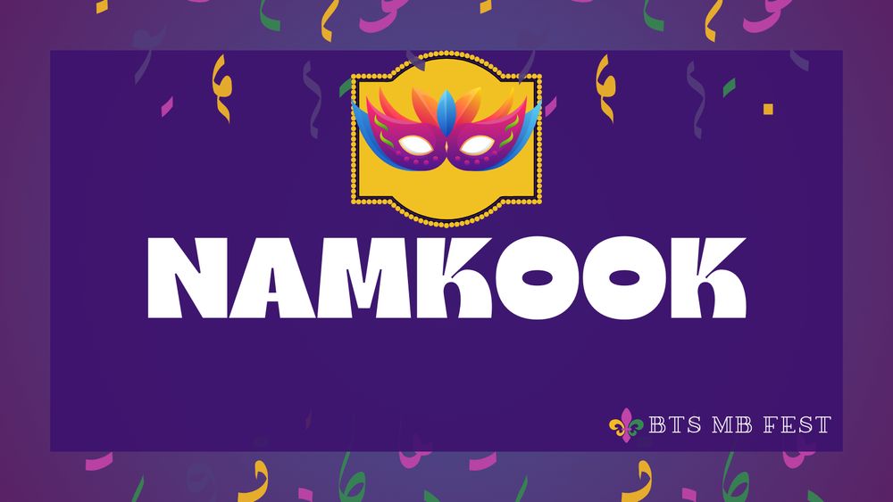 Graphic with violet background, a colorful mask on a yellow banner at the top, and colorful confetti and garlands. Text in the center reads "NAMKOOK".