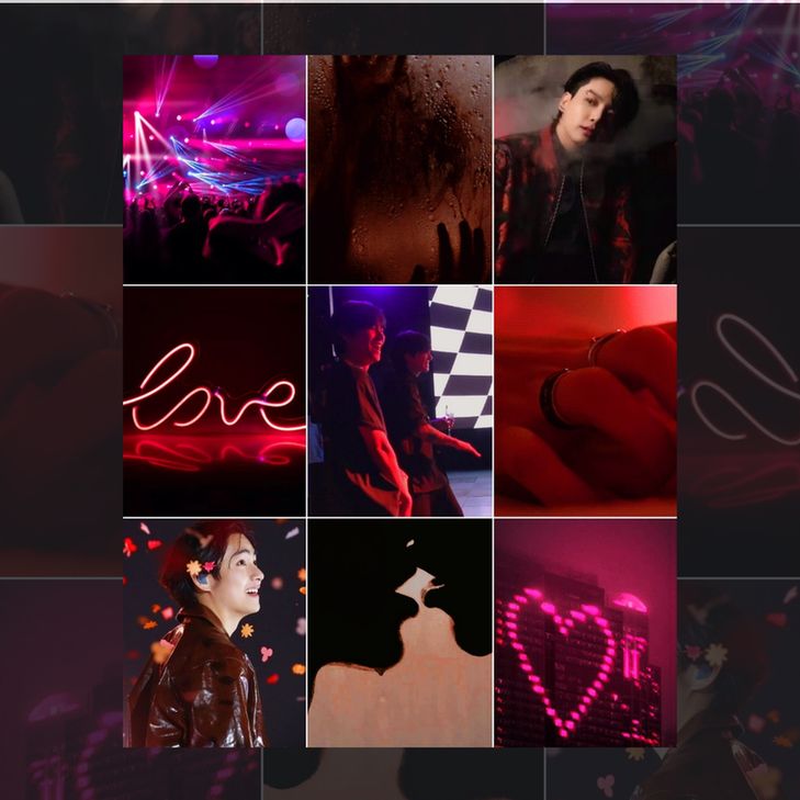Collage graphic with photos of strobe lights in a night club,  the word love out of neon LED, a photo of Kim Taehyung of BTS, a fogging shower glass, a photo of Kim Taehyung and Jeon Jungkook of BTS, lips of two people almost kissing, Jeon Jungkook of BTS, rings and fingers, and a photo of heart out of light reflection. 
