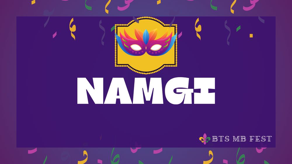 Graphic with violet background, a colorful mask on a yellow banner at the top, and colorful confetti and garlands. Text in the center reads "NAMGI".
