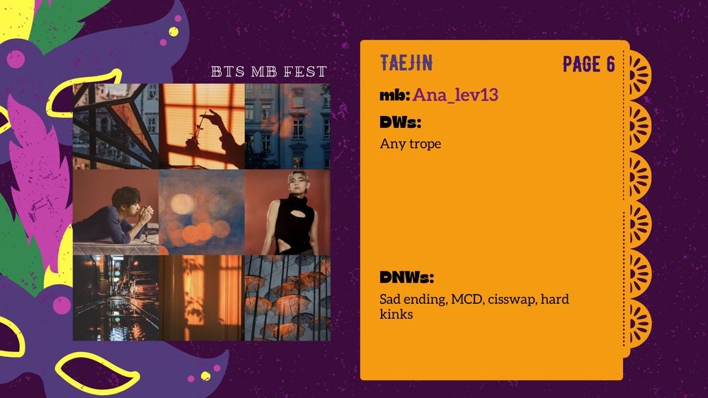 A graphic with a dark violet background and two colorful masks at the left margin contains a 3x3 moodboard of various items in orange and blue hues and photos of Kim Seokjin and Kim Taehyung of BTS. The text at the top reads "BTS MB FEST". On the left side, a list of information about the ship, including page number and preferences, is located. 