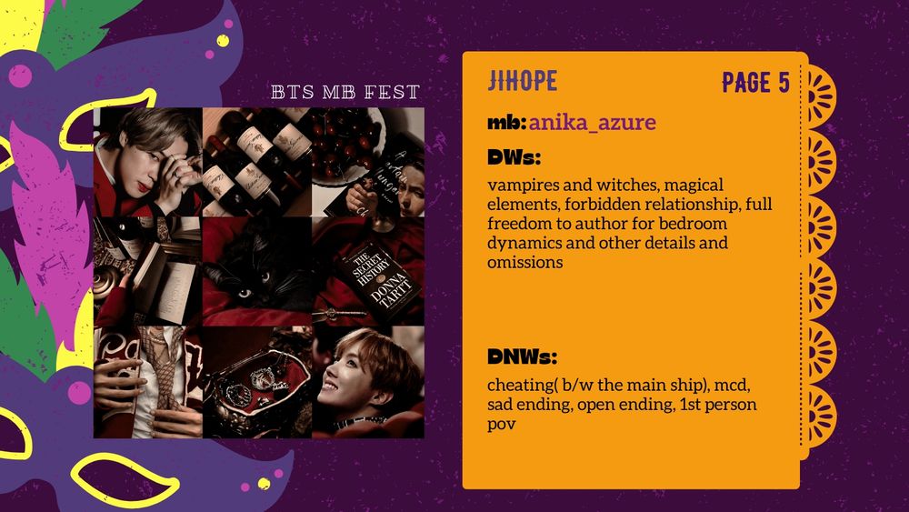 A graphic with a dark violet background and two colorful masks at the left margin contains a 3x3 moodboard of various red and luscious items and photos of Park Jimin and Jung Hoseok of BTS. The text at the top reads "BTS MB FEST". On the left side, a list of information about the ship, including page number and preferences, is located. 