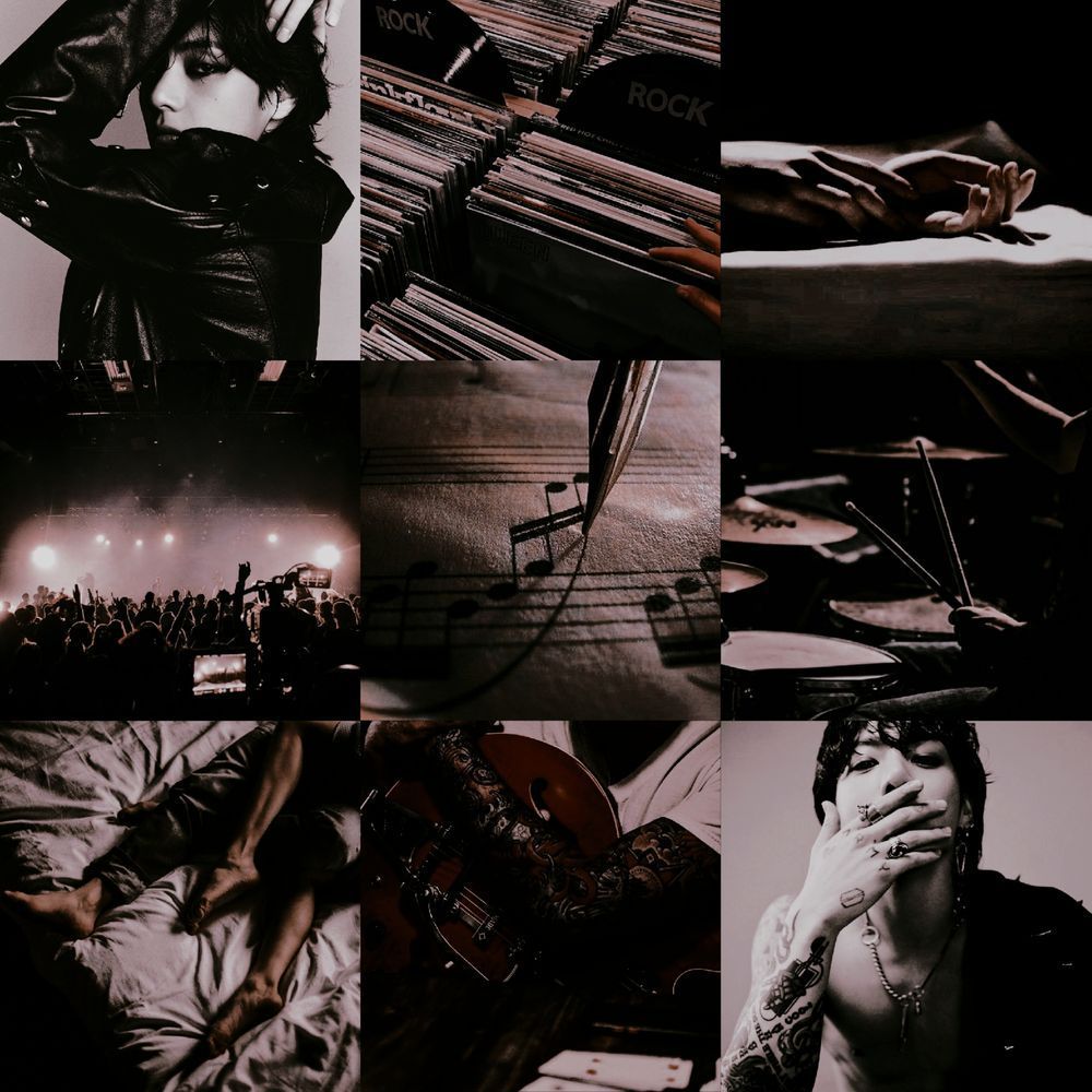 a graphic with 9 different photos music, band, and couple laid in a 3x3 style. the picture as follows from left to right:

a photo of Kim Taehyung of BTS. a photo of rock vinyl records. a photo of two hands on a mattress. a photo of a crowd under the stage lights. a photo of a musical staff with musical notes. a photo of a drummer holding drum sticks by the drum set. a photo of two people's intertwined legs in bed. a photo of a zoomed-in tattoo sleeve-arm holding a guitar. a photo of Jeon Jungkook of BTS. 