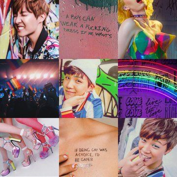 a graphic with 9 different photos with a central theme of LGBTQIA+ and drag queens laid in a 3x3 style. the picture as follows from left to right:

a photo of Jung Hoseok of BTS. a photo of a vandal on the wall with the words "A BOY CAN WEAR A F*CKING DRESS IF HE WANTS". a photo of a girl with yellow hair wearing a colorful top with pointed bust cups. a photo of gay flags being raised in an event in an open field. a photo of Min Yoongi of BTS. a photo of rainbow neon lights overhead a vandalized wall with words 
"Love is love", "live and let love", "support love", and "love is right". a photo of three people wearing colorful chunky heels and platform heels. a photo of a person's right chest with the words "if being gay was a choice, i'd be gayer" written on the skin. a photo of Park Jimin of BTS.