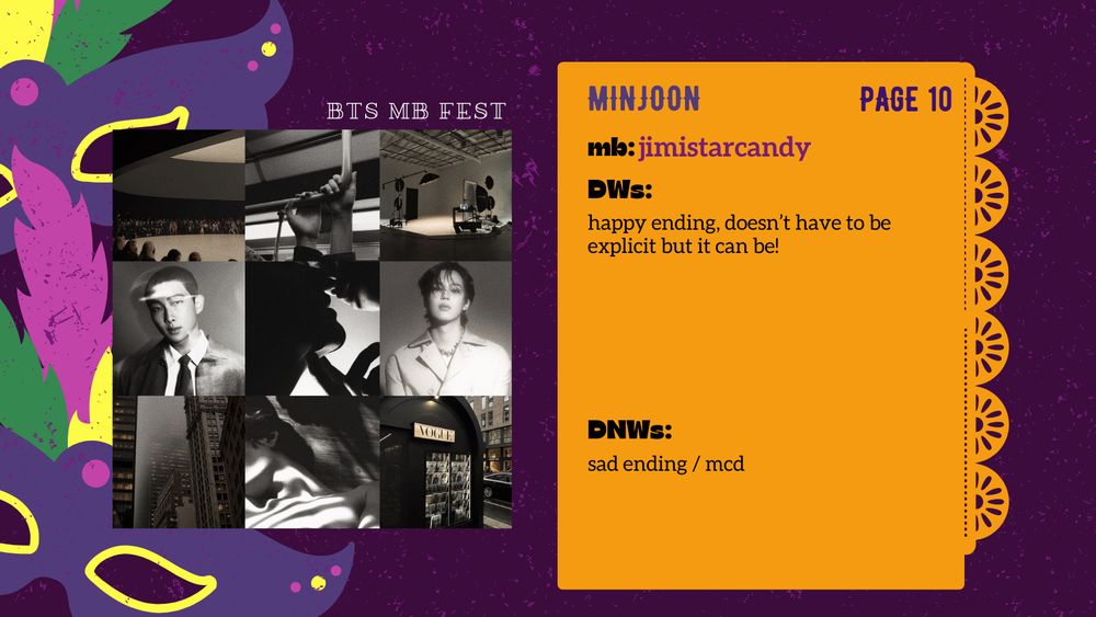 A graphic with a dark violet background and two colorful masks at the left margin features a 3x3 moodboard of various fashion-themed location shots in monochrome, along with photos of BTS members Kim Namjoon and Park Jimin. The text at the top reads "BTS MB FEST". On the left side, a list of information about the ship, including page number and preferences, is located. 