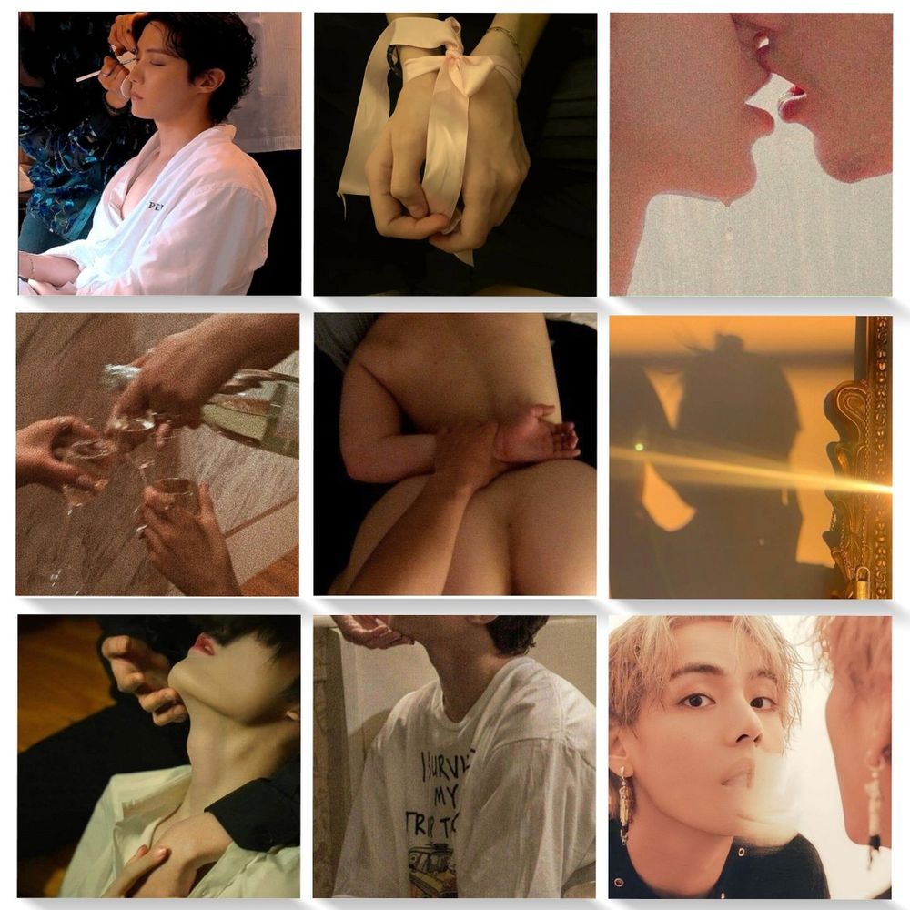 a graphic with 9 different photos depicting relationship and intimacy laid in a 3x3 style. the picture as follows from left to right:

a photo of Jung Hoseok of BTS. a photo of ribbon-tied wrists. a photo of two lips almost kissing while under the shower. a photo of three people holding three champagne flutes pressed together and a wine bottle. a photo of a naked person pressed forward with another man holding the left arm and wrapping it around the man's back. a photo of two people's shadows on a wall. a close-up photo of a man's neck being cradled by another person. a photo of a man's clothed torso with a another person holding him by the chin. a photo of Kim Taehyung of BTS. 