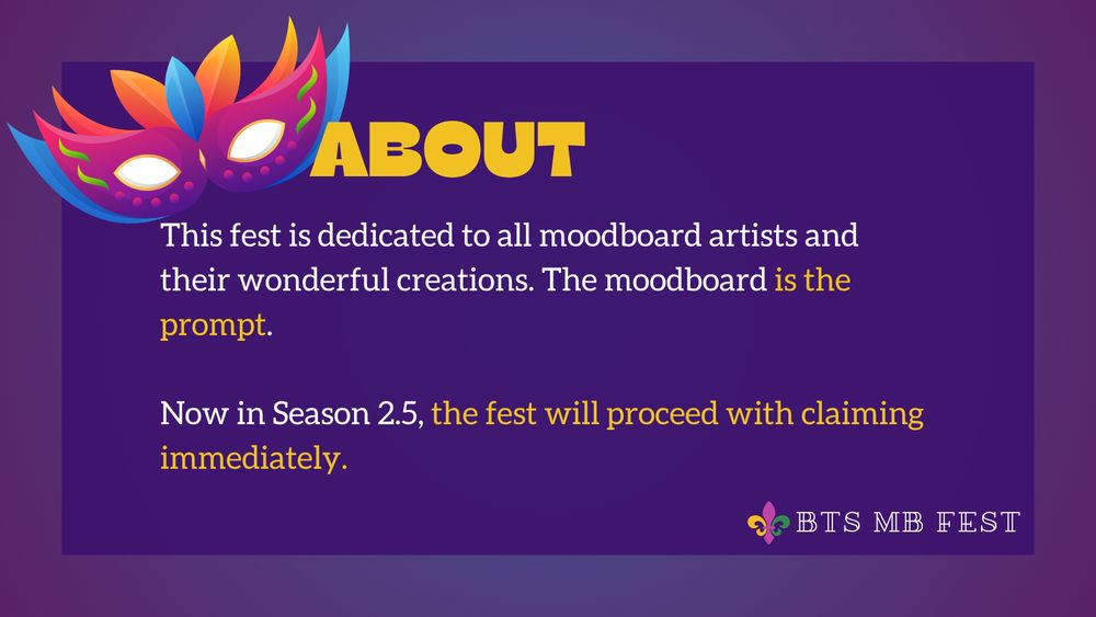 Graphic with violet background and a colorful mask tilted to the left at the upper left corner. Text includes "About" and the rest of the details about the fest. "BTS MB Fest" at the lower right corner.